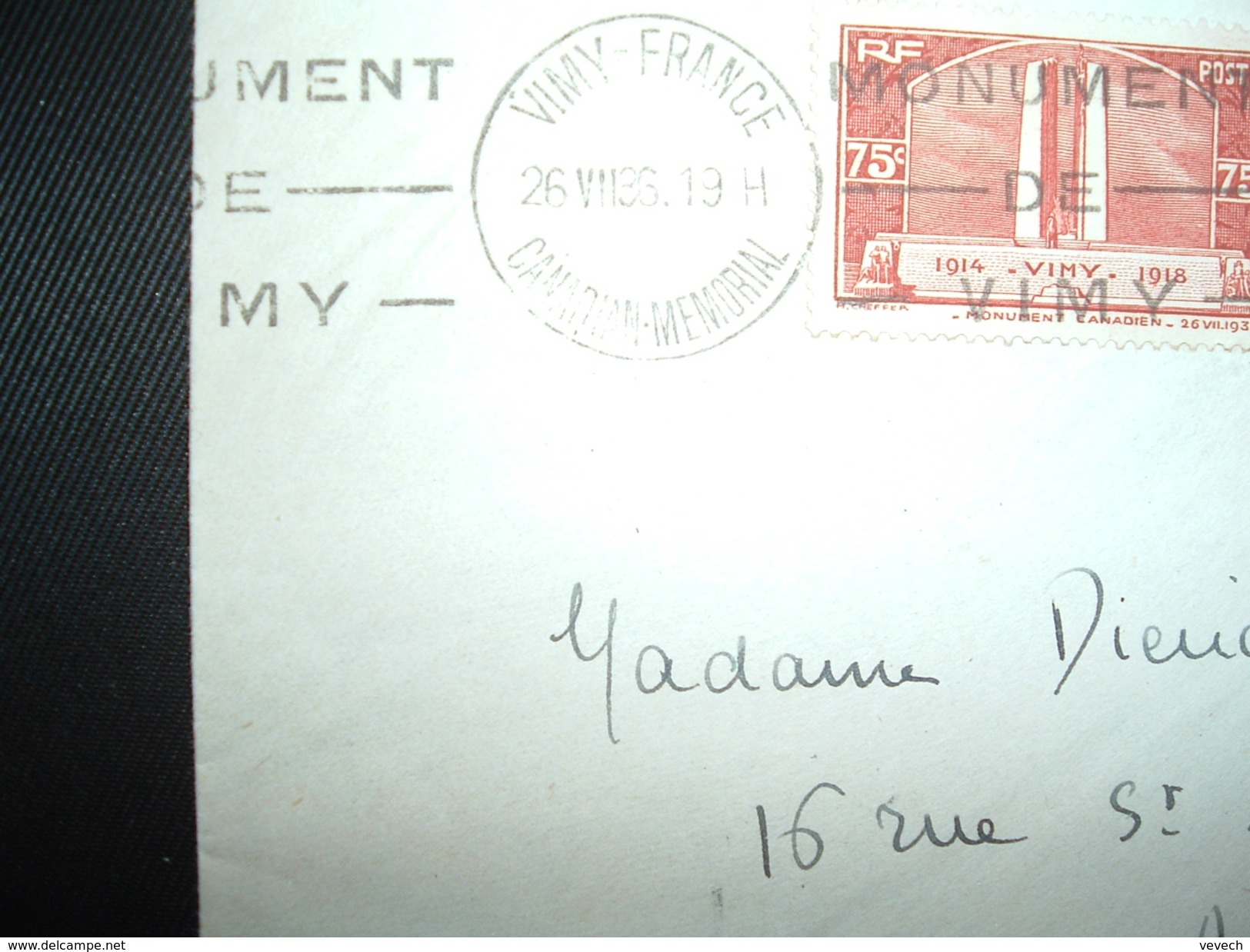 LETTRE TP VIMY 75C + TP VIMY 1F50 OBL. MEC. 26 VII 36 VIMY FRANCE CANADIAN MEMORIAL - ....-1949