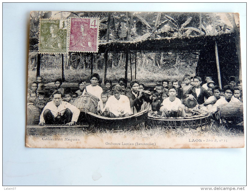 Carte Postale Ancienne : LAOS : Orchestre Laotien , Timbres 1908 - Laos