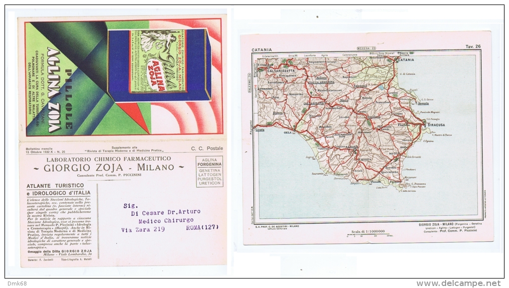 ZOJA ( MILANO ) CARTOLINA PUBBLICITARIA  - CARTA GEOGRAFICA CATANIA - 1932 - Sonstige & Ohne Zuordnung