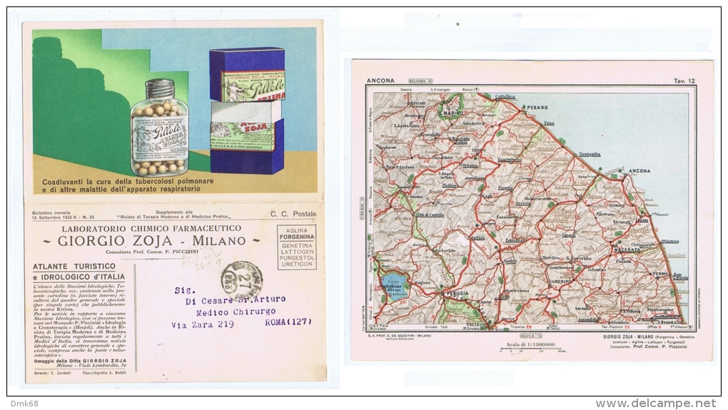 ZOJA ( MILANO ) CARTOLINA PUBBLICITARIA DOPPIA - CARTA GEOGRAFICA ANCONA - 1932 - Autres & Non Classés