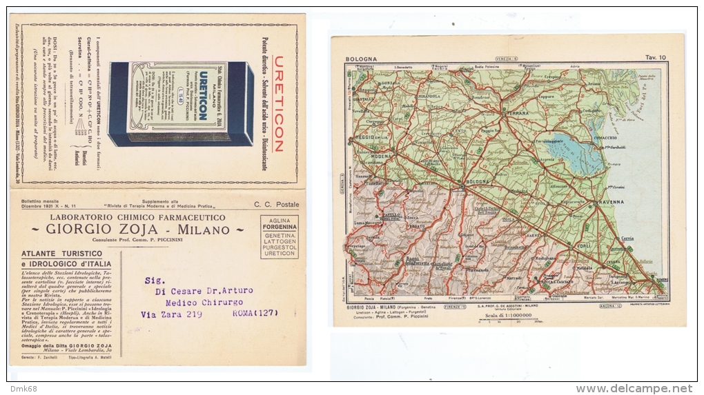 ZOJA ( MILANO ) CARTOLINA PUBBLICITARIA DOPPIA - CARTA GEOGRAFICA BOLOGNA - 1931 - Altri & Non Classificati