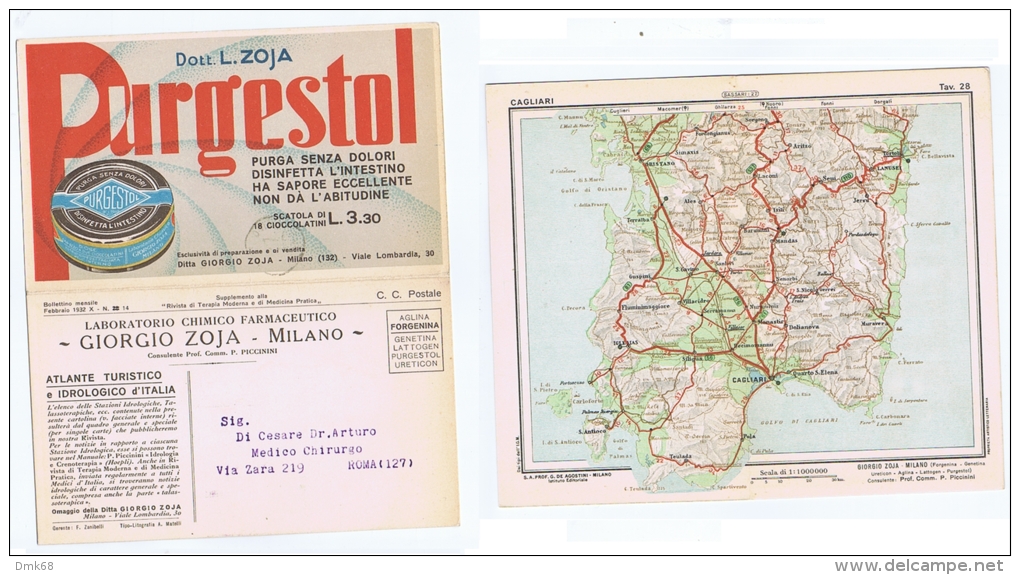 ZOJA ( MILANO ) CARTOLINA PUBBLICITARIA DOPPIA - CARTA GEOGRAFICA CAGLIARI -1932 - Sonstige & Ohne Zuordnung