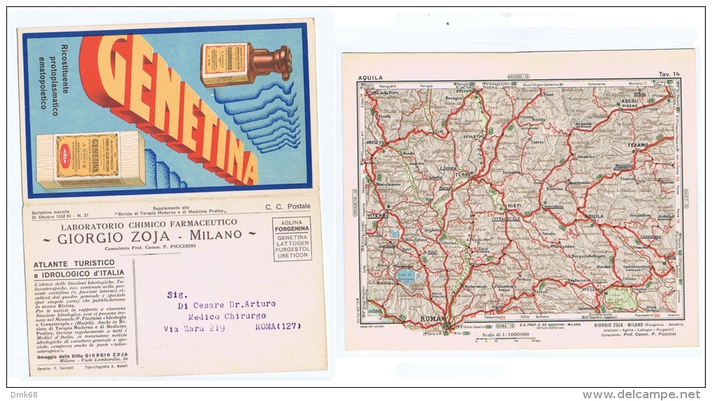 ZOJA ( MILANO ) CARTOLINA PUBBLICITARIA DOPPIA - CARTA GEOGRAFICA L'AQUILA -1932 - Autres & Non Classés