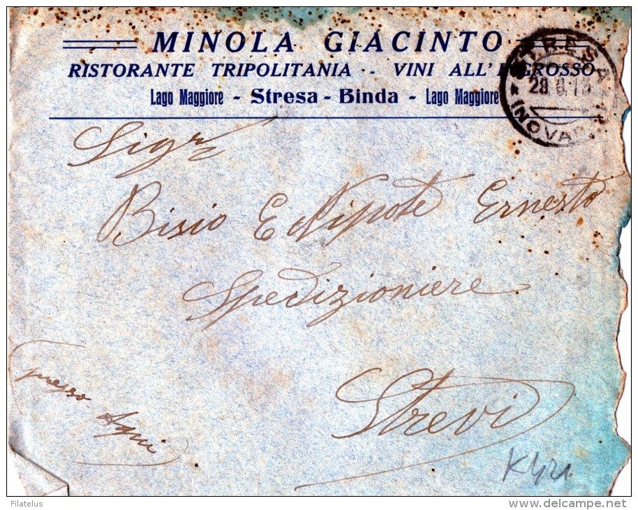 BUSTA POSTALE PUBBLICITARIA--MINOLA GIACINTO-RISTORANTE TRIPOLITANIA-VINI-STRESA -SPEDITA A STREVI - Storia Postale