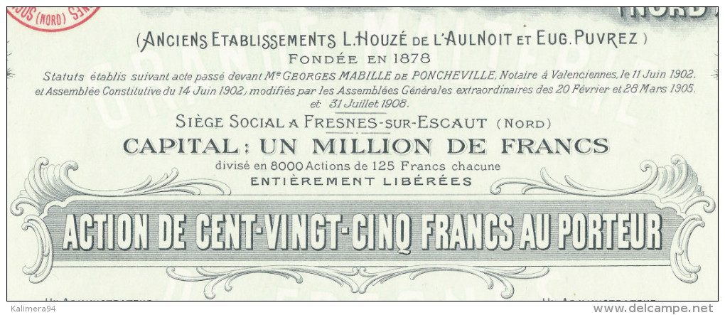 SOCIETE  ANONYME  DE  LA  GRANDE  MALTERIE  DE  FRESNES-sur-ESCAUT  ( NORD ) /  Action De 125 Fr. ( 1909 ), Tirage 8000 - Andere & Zonder Classificatie