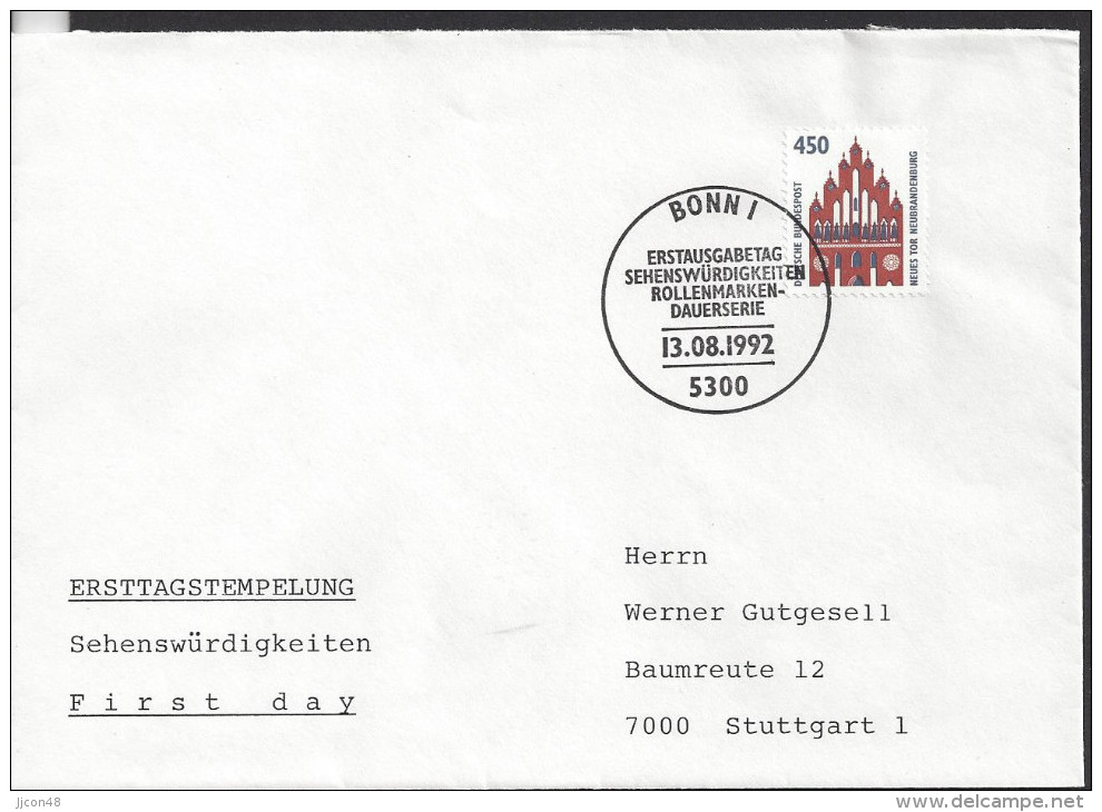 Germany 1992   Sehenswurdigkeiten  FDC  Mi.1623 R I  (zNr. 295) - Rolstempels