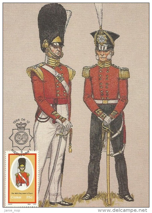 South Africa Ciskei 1986 Military Uniforms, The 98th Regiment Of Foot, 25c Maximum Card - Ciskei