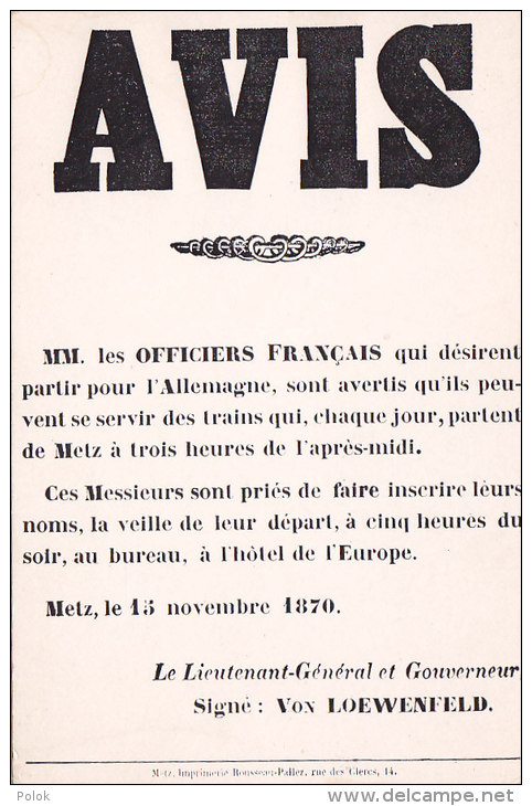 Am - CPM Affiche Avis Aux Officiers Français METZ 15 Novembre 1870 (Musée De L'Affiche Et Du Tract) - Geschiedenis