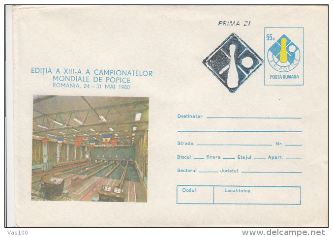 BOWLING, WORLD CHAMPIONSHIP, COVER STATIONERY, ENTIER POSTAL, 1980, ROMANIA - Pétanque