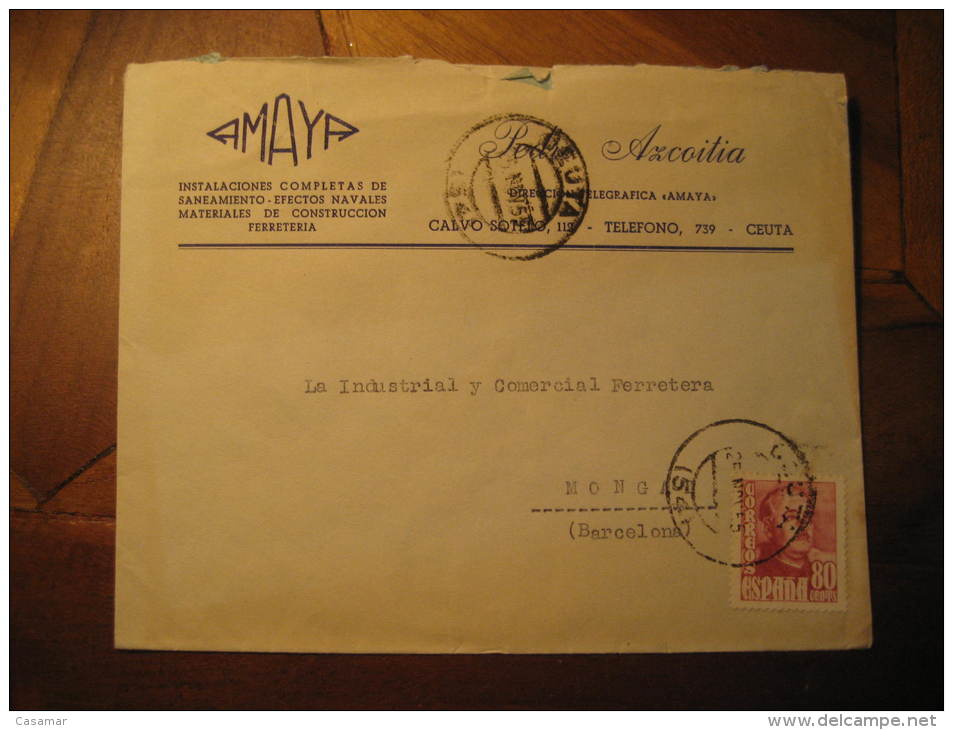 CEUTA 1955 To Mongat Barcelona Franco Stamp Cover Spain Colonies Area Espa&ntilde;a Marruecos Morocco Maroc - Maroc Espagnol