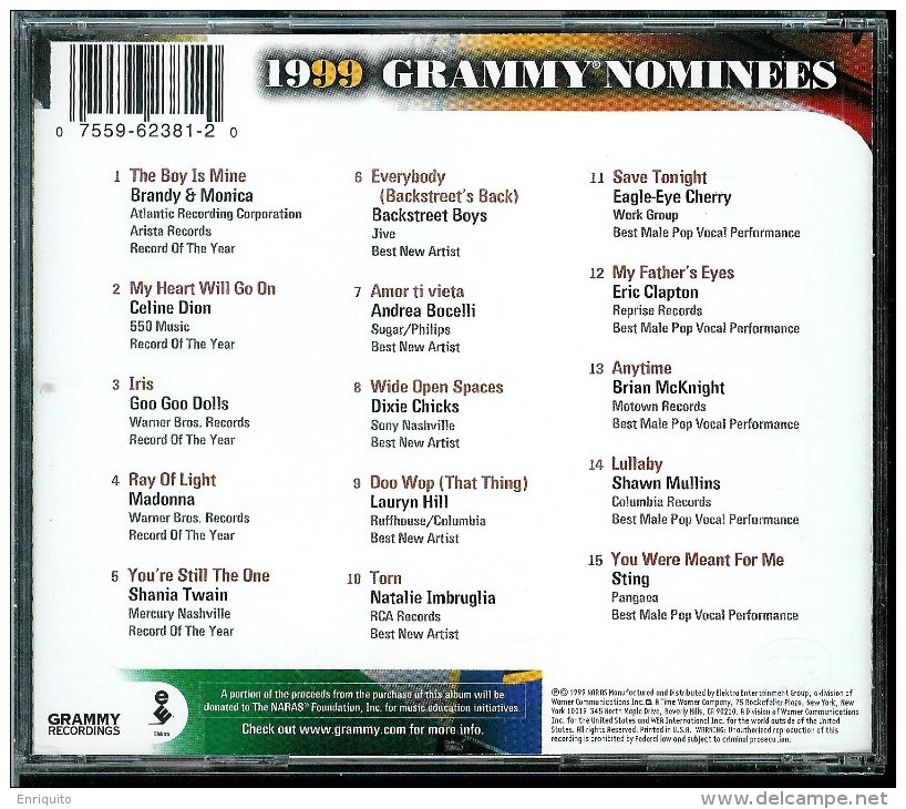 1 9 9 9  * GRAMMY  NOMINEES * CELINE DION, MADONA, ANDREA BOCELLI, STING....more - Compilations