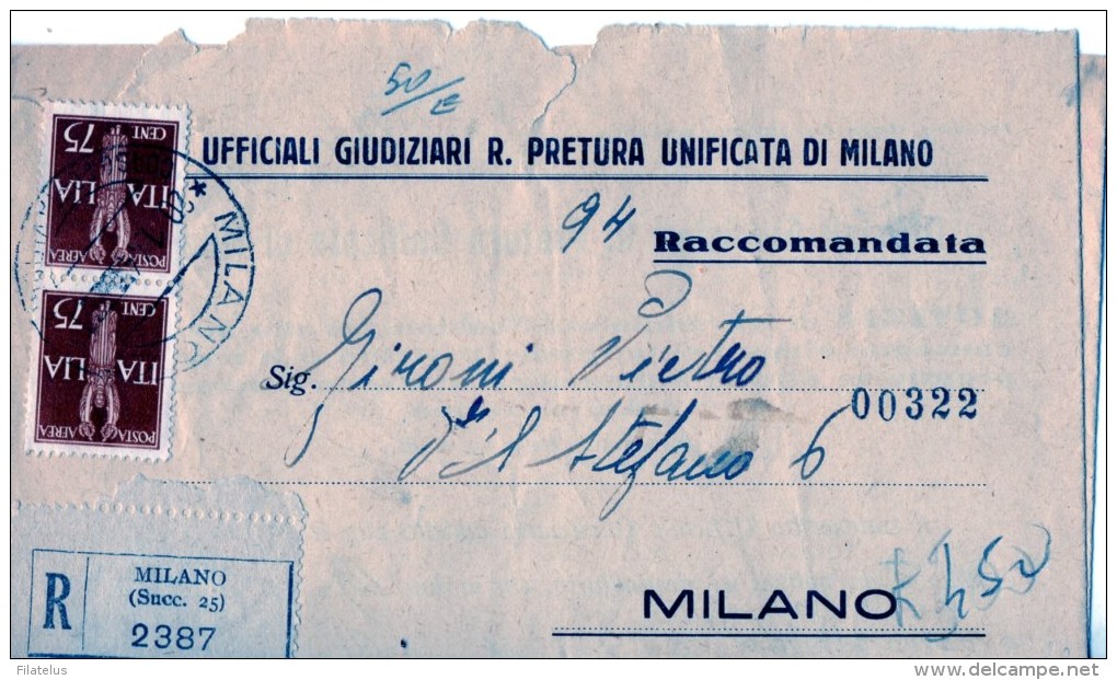 STORIA POSTALE-20-1-1944-PIEGO  CON POSTA AEREA CENT.75 X2 USATO NEL PERIODO R.S.I.-RACCOMANDATA - Correo Aéreo