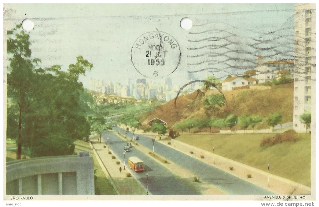 Brazil 1959 Postcard Sent To Hong Kong, Punched Holes - Entiers Postaux