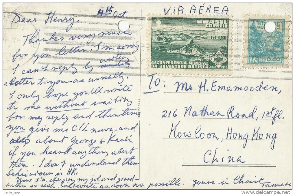 Brazil 1959 Postcard Sent To Hong Kong, Punched Holes - Postwaardestukken