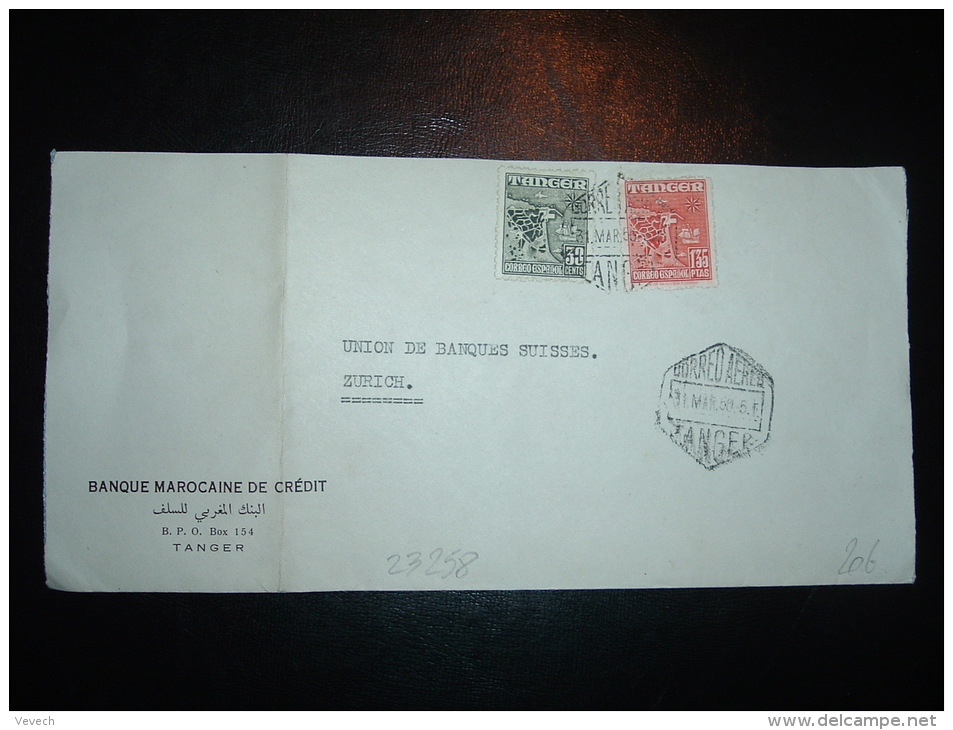 LETTRE POUR LA SUISSE TP 1,35P + 30C OBL.HEXAGONALE 31 MAR 50 CORREO AEREO TANGER + BANQUE MAROCAINE DE CREDIT - Spanish Morocco