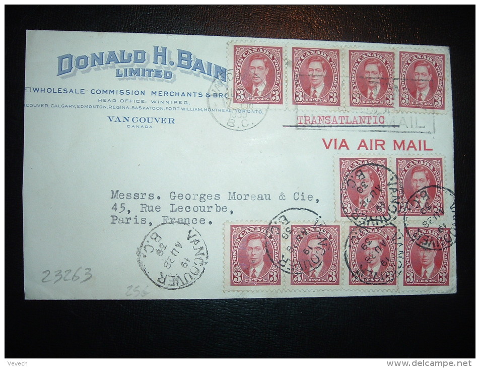 LETTRE PAR AVION POUR FRANCE TP 3C X10 OBL. AU 28 39 VANCOUVER B.C. + DONALD H. BAIN LIMITED - Andere & Zonder Classificatie