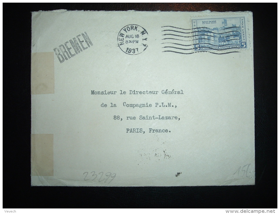 LETTRE USA FRANCE TP 5C OBL.MEC. AUG 18 1937 NEW YORK Par Paquebot BREMEN : GRIFFE LINEAIRE - Poste Maritime