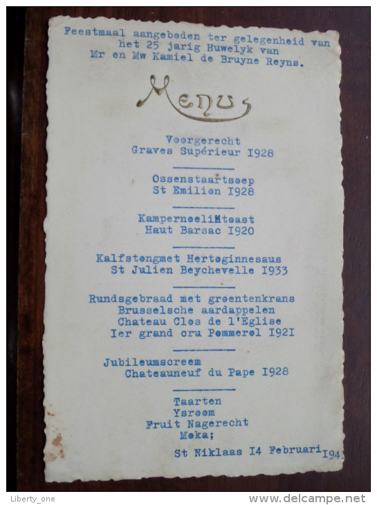 5 Jarig Huwelijk Kamiel De Bruyne Reyns ** MENU ** St. Niklaas 14 Feb 1943 ( Details Zie Foto ) ! - Menus