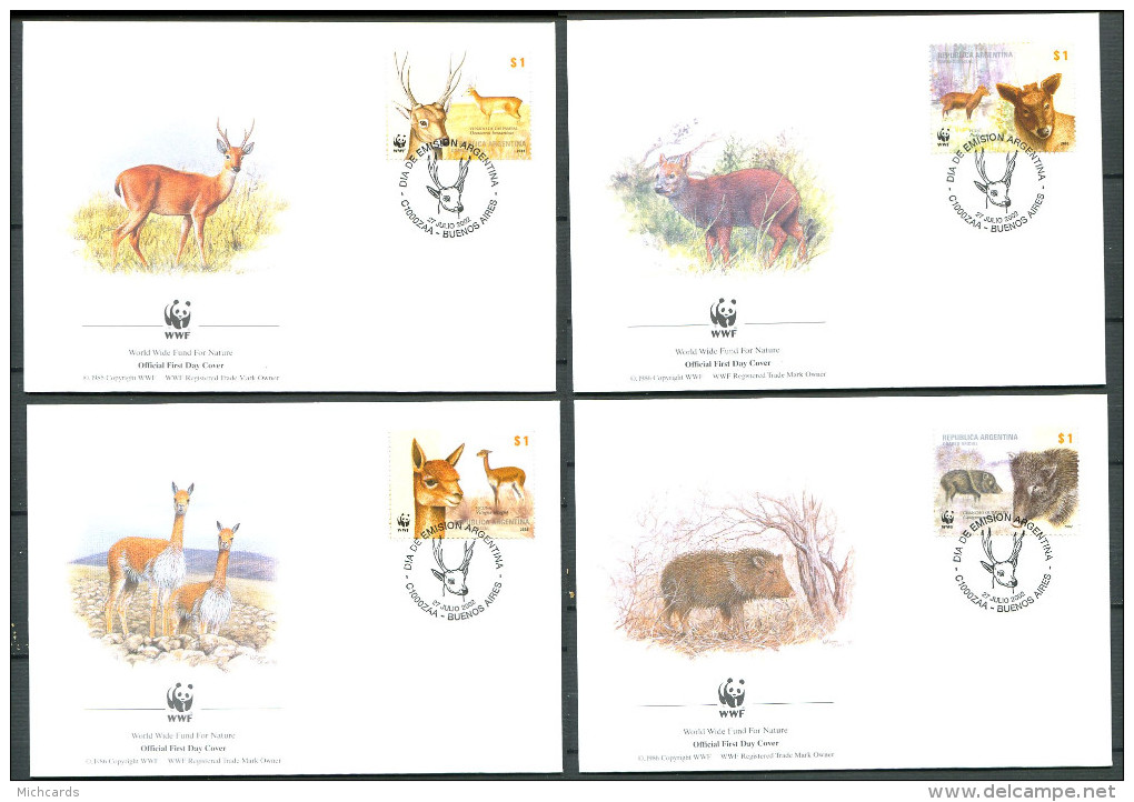 ARGENTINE 2002 - 4 Env WWF 1er Jour - Animaux Vigogne Cerf - (Y 2320/23) - FDC