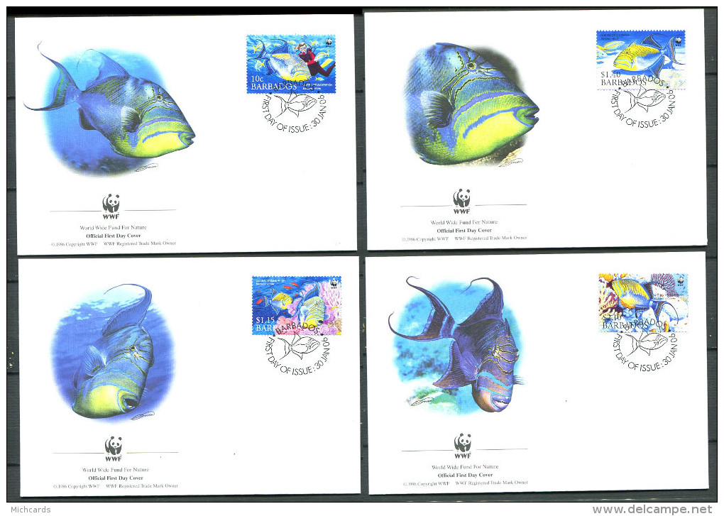 BARBADE 2006 - 4 Env WWF 1er Jour - Poissons (Plongeur) - FDC