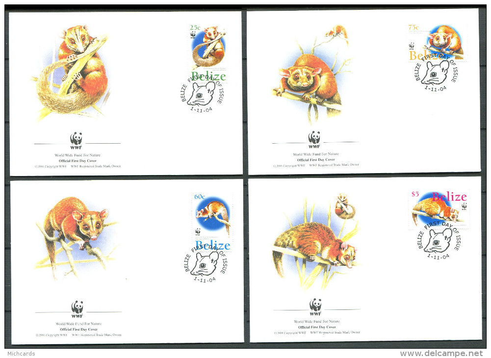 BELIZE 2004 - 4 Env WWF 1er Jour - Caluromys Derbianus (Marsupiaux) - (Y 1177/80) - FDC