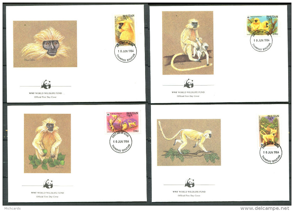 BHOUTAN 1984 - 4 Env WWF 1er Jour - Singe (jaune) - (Y 621/24) - FDC