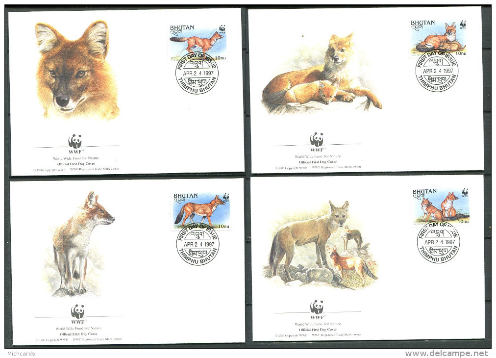 BHOUTAN 1997 - 4 Env WWF 1er Jour - Dhole Chien Sauvage - (Y 1188/91) - FDC