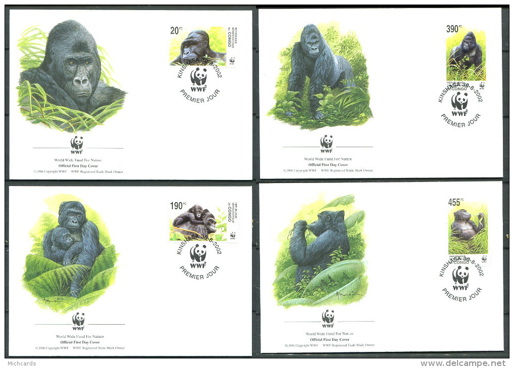 CONGO 2002 - 4 Env WWF 1er Jour - Singe - FDC