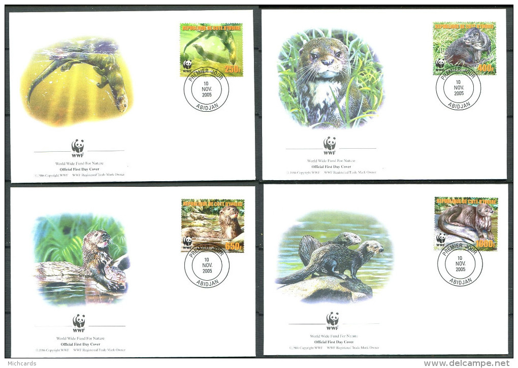 COTE IVOIRE 2005 - 4 Env WWF 1er Jour - Loutre - (Y 1136/39) - FDC