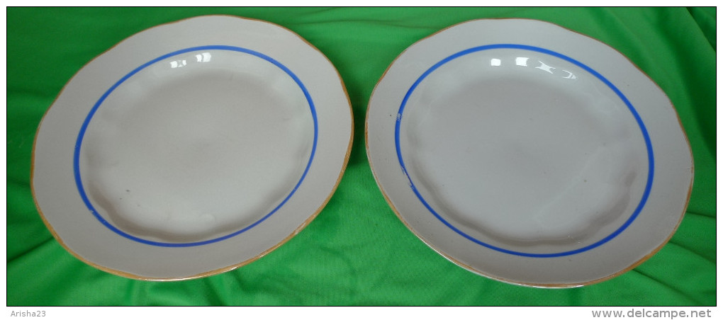 Vintage Latvia Riga USSR Soviet Porcelain Factory RPR - Set Of 2 Dish Plate W. Blue & Gold Trim - Other & Unclassified