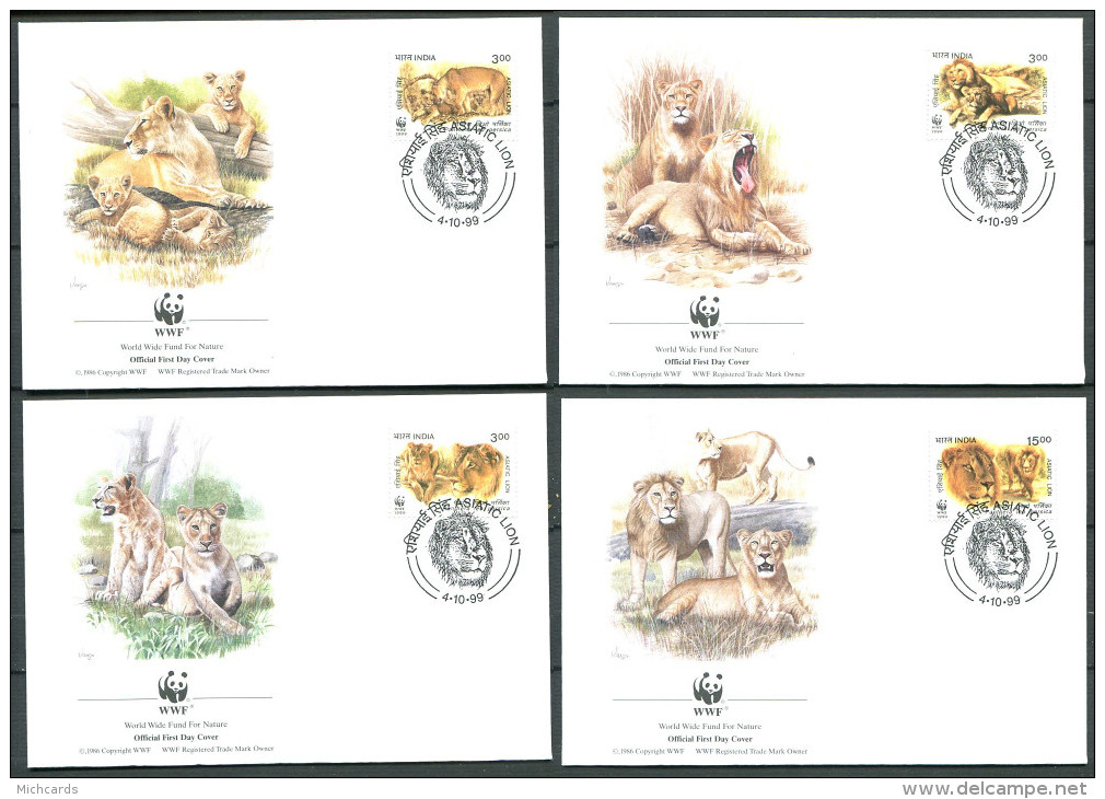 INDE 1999 - 4 Env WWF 1er Jour - Lion (Felin) - (Y 1471/74) - FDC