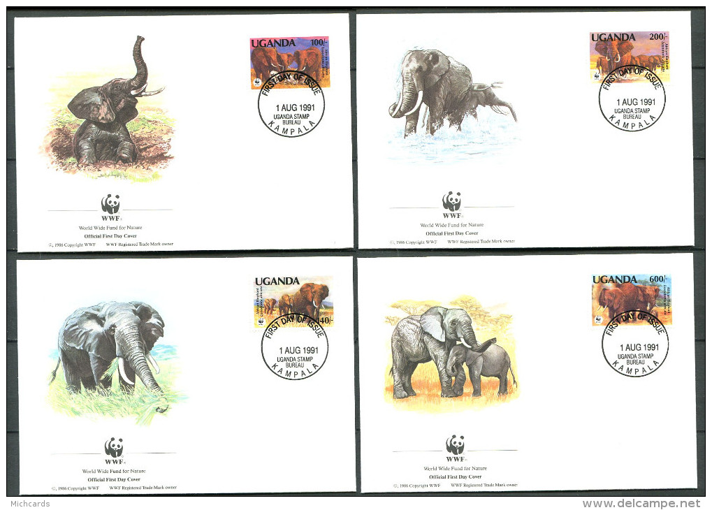 OUGANDA 1991 - 4 Env WWF 1er Jour - Elephant - (Y 774/77) - FDC