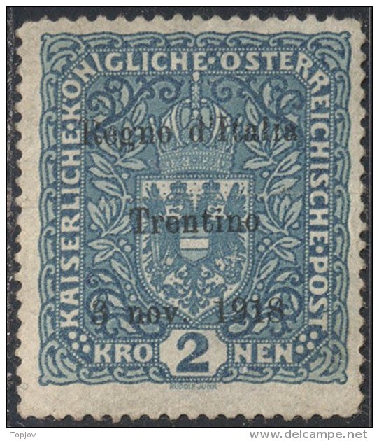 ITALIA - ITALY - TRENTINO ALTO ADIGE - SOPRASTAMPATO AUSTRIA  -  2 Kr -  Senz.goomma - RICONGIUNTA  ???  - 1918 - Trento