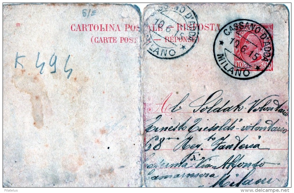 CARTOLINA POSTALE CENT.10-CASSANO D´ADDA-10-6-1915-PRIMI GIORNI DI GUERRA DELL´ITALIA - Storia Postale