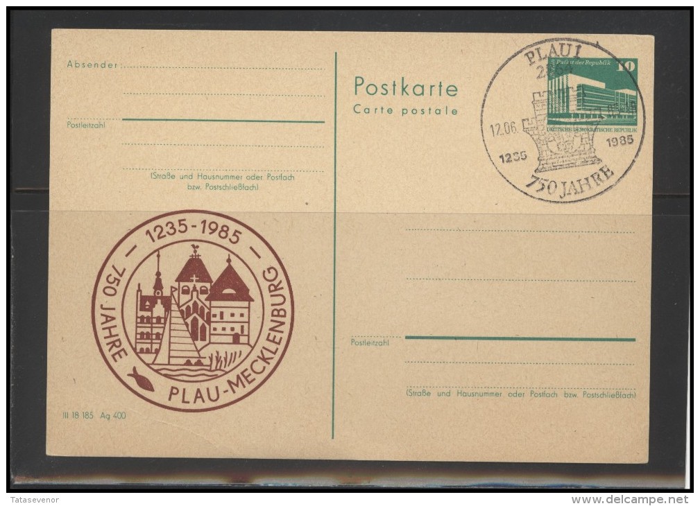 GERMANY DEUTSCHLAND DDR Stamped Stationery Special Cancellation D-DDR ST STAT 036 PLAU-MECKLENBURG 750 Years - Sonstige & Ohne Zuordnung