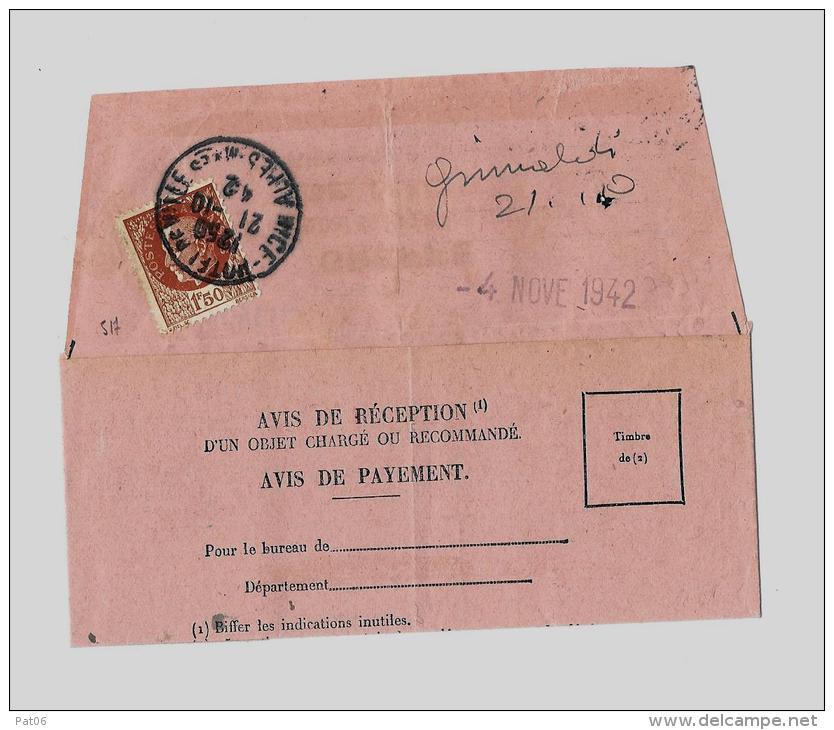 06 &ndash; Alpes Mmes &laquo; NICE &raquo;Accusé De Réception D&rsquo;Objet Recommandé - Tarif à 1F.50   (5.1.1942/28.2. - Storia Postale