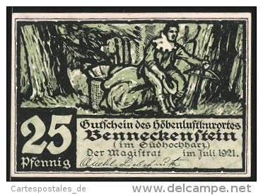 Billet De Nécessité Benneckenstein, 1921, 25 Pfennig, Jäger Avec Armbrust, Spruch - [11] Emissions Locales