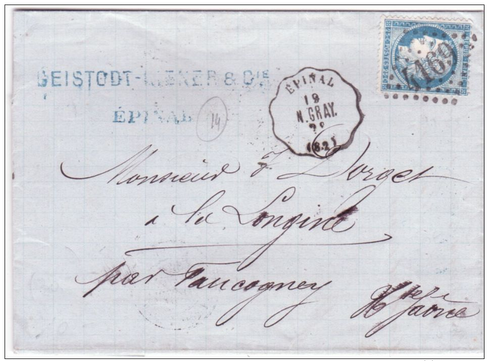 1876- Lettre D´EPINAL ( Vosges ) Cad Courrier-convoyeur EPINAL / N. GRAY Affr. N°60 Oblit. G C 4169 - 1849-1876: Période Classique