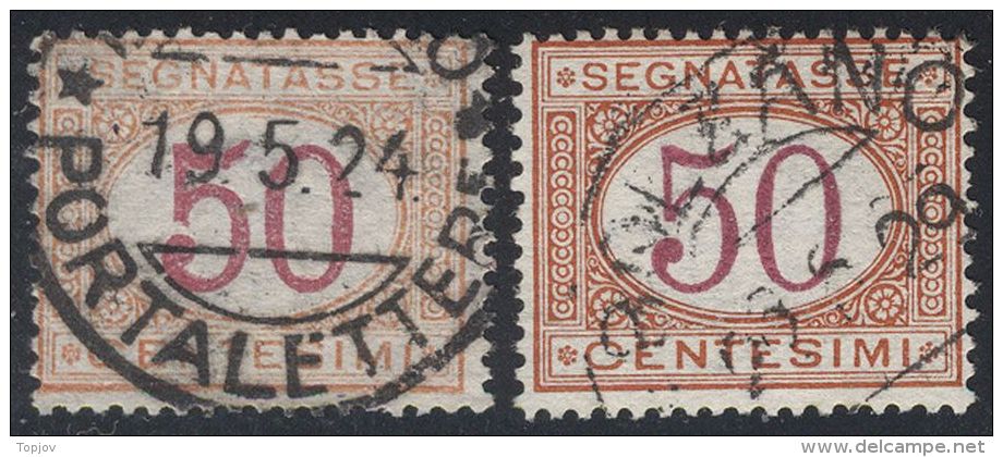 ITALIA - ITALY - REGNO SEGNATASSE 50 C OCRE E CARMINO - ERRORE - Cifra DOPPIA  -  Annullato -  1870-1874 - Taxe