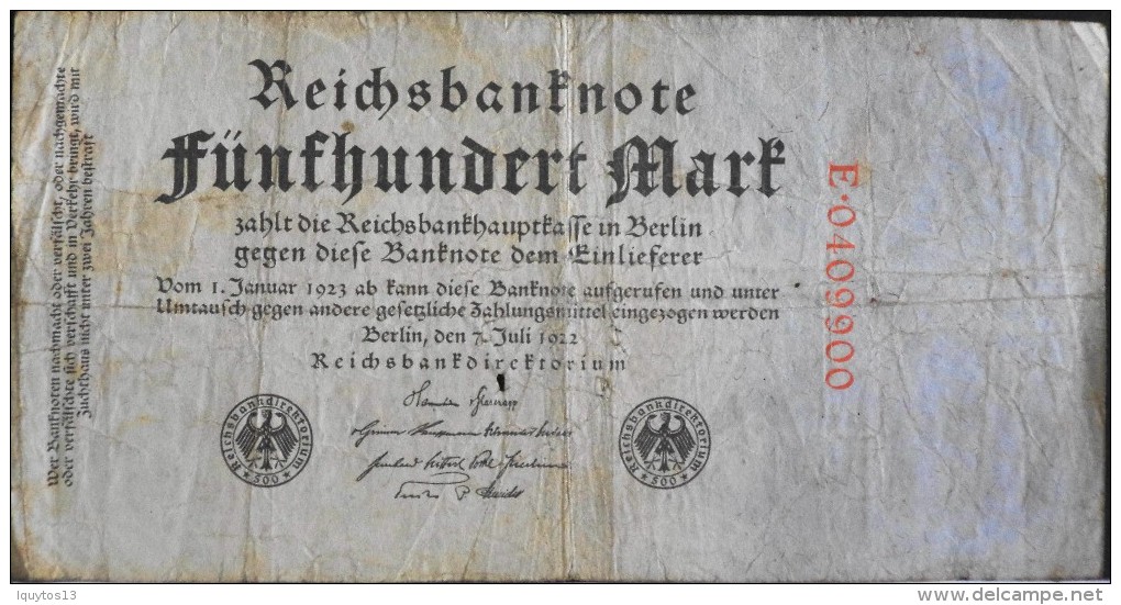 ALLEMAGNE - Reischbankenote - 1 BILLET De BANQUE De 500 Mark - Berlin Le 7 Juil. 1922 - 500 Mark