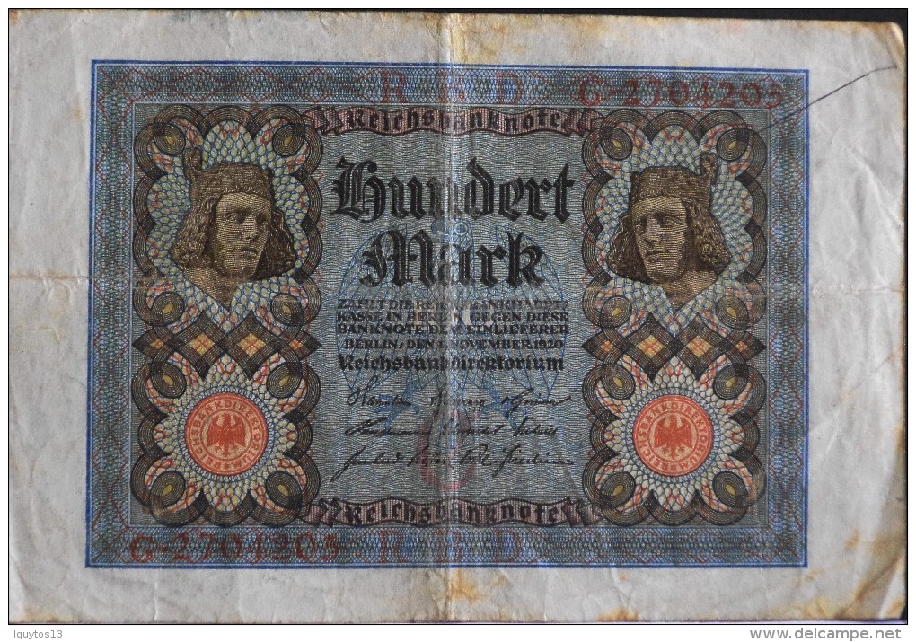 ALLEMAGNE - Reischbankenote - 1 BILLET De BANQUE De 100 Mark - Berlin Le ??. Nov.1920 - N°G-2704205 - 100 Mark