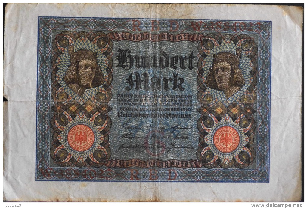 ALLEMAGNE - Reischbankenote - 1 BILLET De BANQUE De 100 Mark - Berlin Le ??. Nov.1920 - N° W-3884023 - 100 Mark
