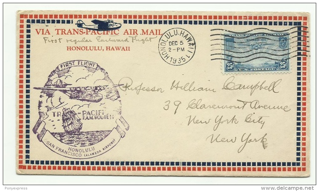 Transpacific Air Mail, Lettre De Honolulu Du 5 Dec 1935 Pour New York, First Flight To San Francisco - Hawaii