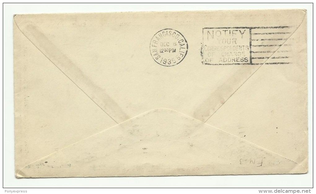 Transpacific Air Mail, Lettre De Honolulu Du 5 Dec 1935 Pour New York, First Flight To San Francisco - Hawaï