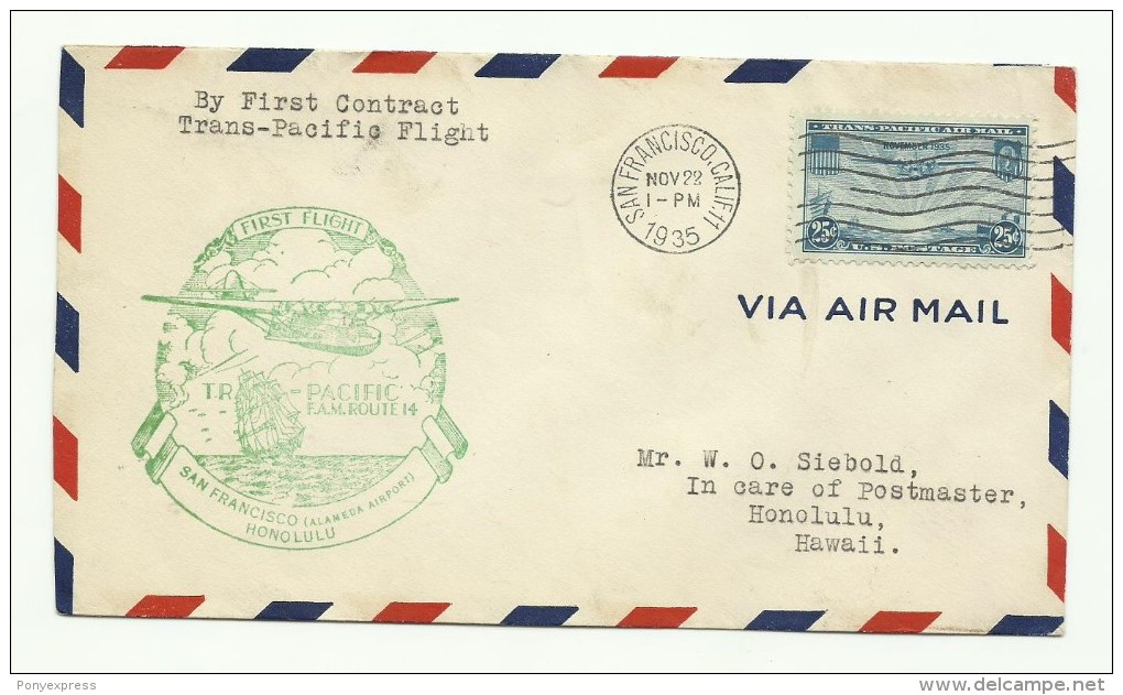 Transpacific Air Mail, Lettre De San Francisco Pour Honolulu , First Flight Du 22 Nov 1935 - Hawai