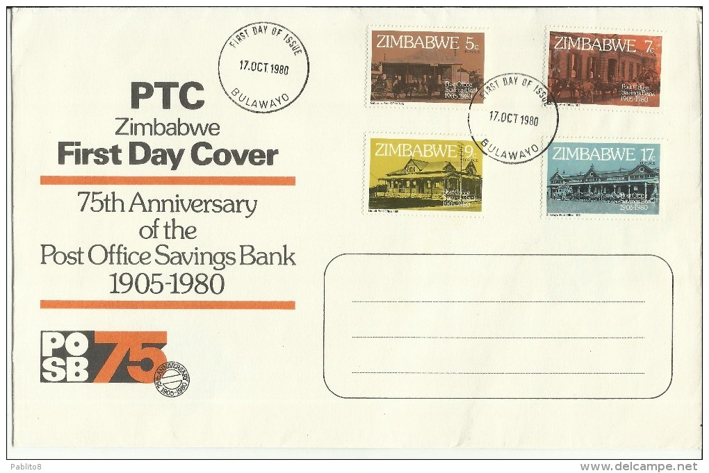 ZIMBABWE 1980 POST OFFICE SAVINGS BANK 75TH ANNIVERSARY  75 ANNIVERSARIO UFFICIO POSTALE FDC FIRST DAY COVER - Zimbabwe (1980-...)