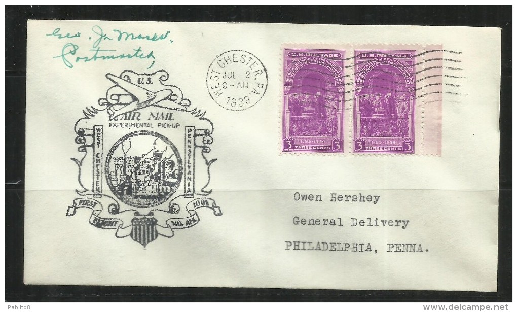 UNITED STATES STATI USA 2 JUL 1939 AIR MAIL AM 1001 EXPERIMENTAL PICK-UP WEST CHESTER PENNSYLVANIA FIRST FLIGHT FDC - 1851-1940