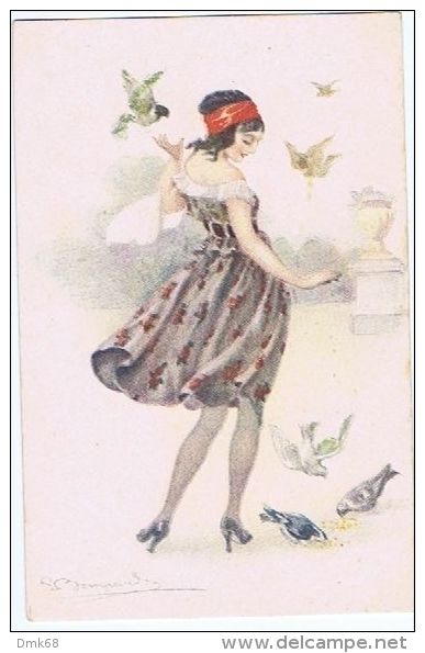 BOMPARD  - ART DECO POSTCARD - 1920s - WOMAN &amp; BIRDS - N. 932-6 - Bompard, S.