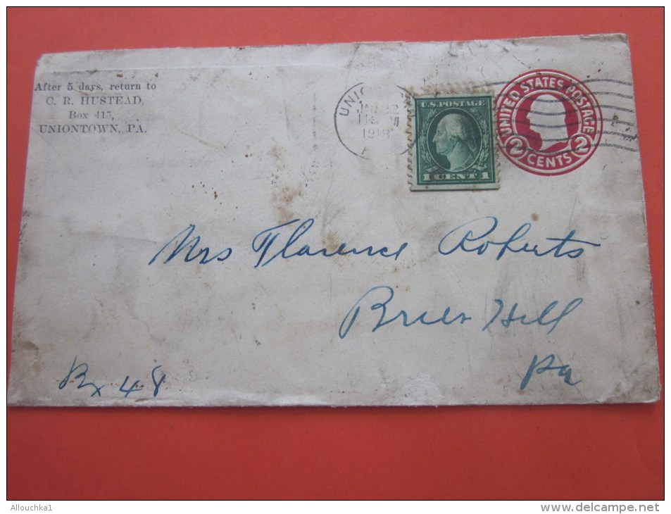 1918 Letter Cover Entier Postaux+ Timbre Rajouté UNIONTOWN USA États-Unis United States Of America&gt;to Brunhill Passad - 1901-20