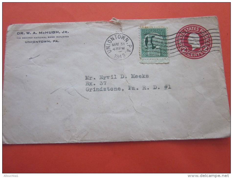 31/5/1943 Letter Cover Entier Postaux+ Timbre Rajouté UNIONTOWN USA États-Unis United States Of America&gt;to Grindstone - 1901-20